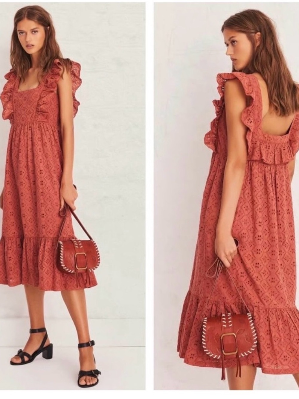 Ba&sh Dress Byrd Broderie Anglaise Midi 100% Cotton Ruffle Peche Sz L